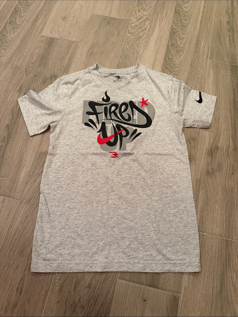 Nike Boys Gray 'Fired Up' Graphic Tee with Red & Black Accents Size L